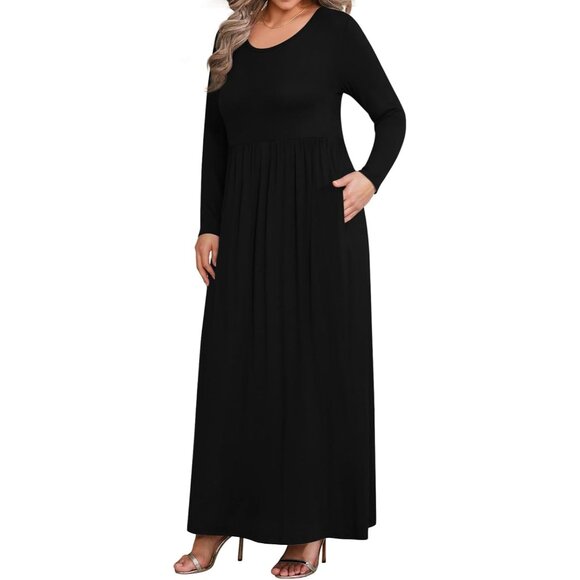 Plus Size Maxi Dress Women's Long Sleeve Casual Fall with Pockets XL-6XL - Picture 2 of 5